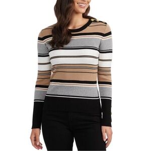 Ellen Tracy Striped Crew Neck Sweater - Black, White, Tan, Brown